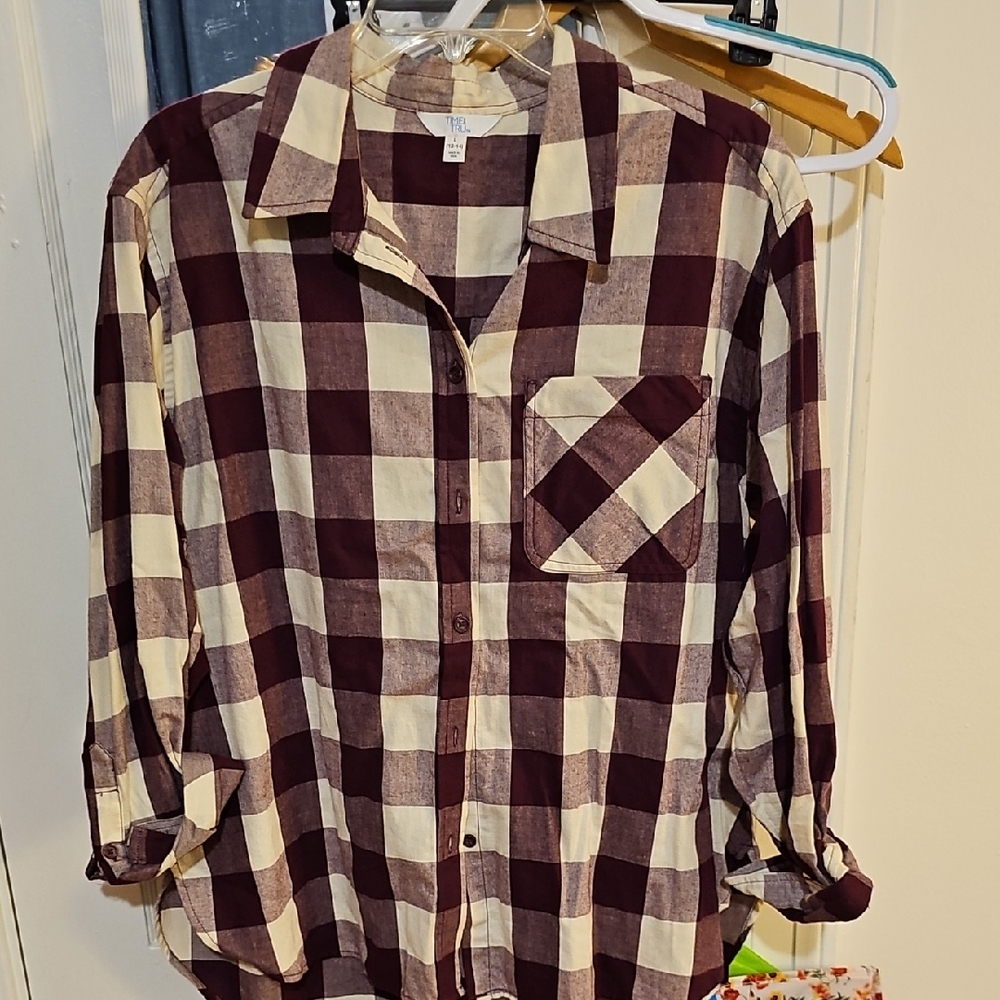 Time And Tru Plaid Button-Up Shirt - Burgundy and Cream